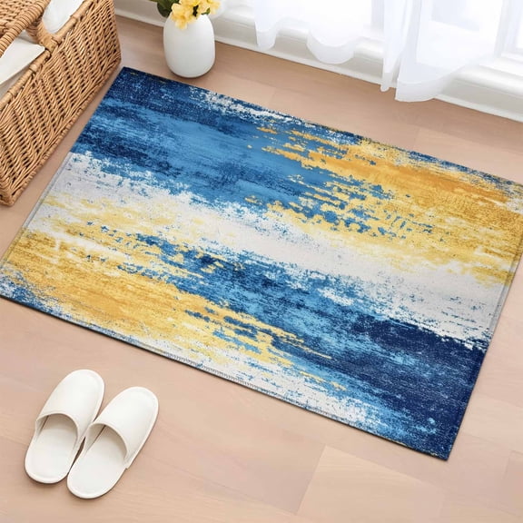 Rectangle Rug 2x3ft Area Rug,Yellow Blue Gradient Watercolor Area Rugs for Living Room Bedroom,Abstract Color Block Floor Mat Non-Slip Non-Shedding Carpet Indoor Accent Rugs
