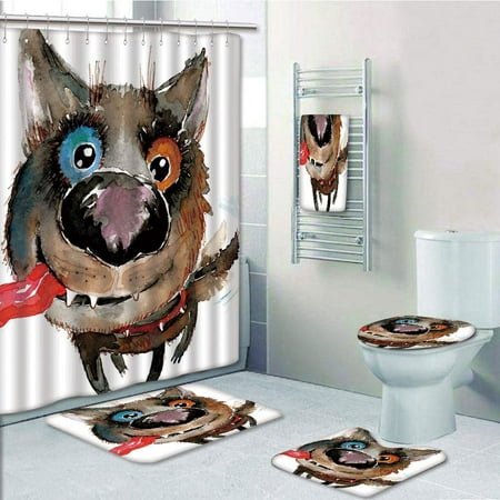PRTAU Animal Funny Dog Puppy Smiling Best Companion Happy Creature Humor Grunge Cocoa Red 5 Piece Bathroom Set Shower Curtain Bath Towel Bath Rug Contour Mat and Toilet Lid