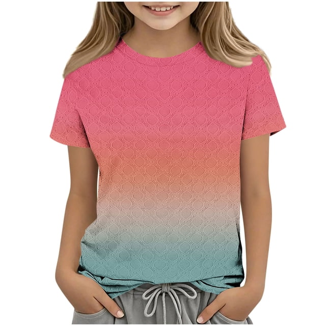 Zpanxa T Shirts for Girls Solid Color Round Neck Loose Fit Print Pattern Top Polyester Spandex 3-4 Years