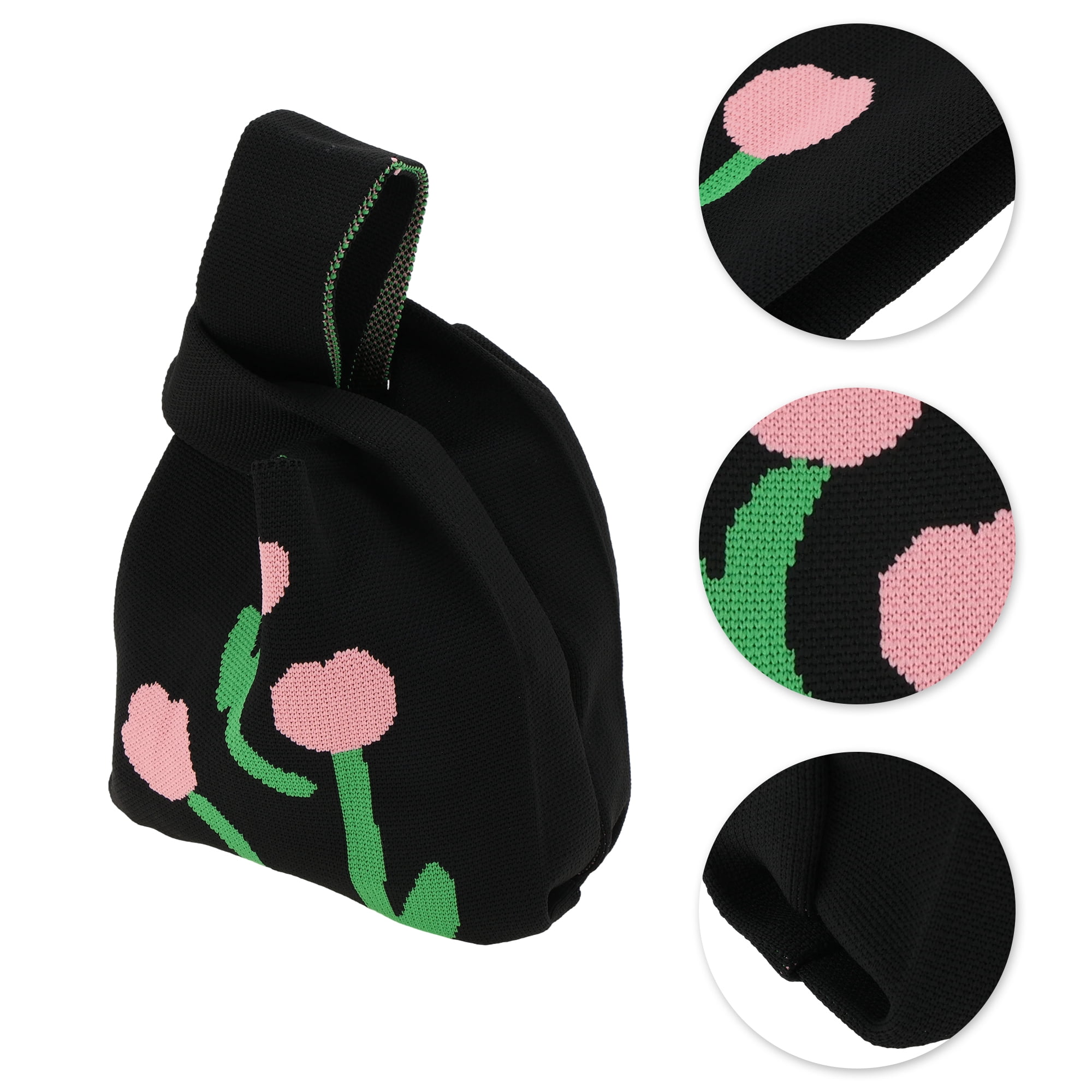 Unique Bargains Flowers Knitted Wrist Bag Black 1 Pc