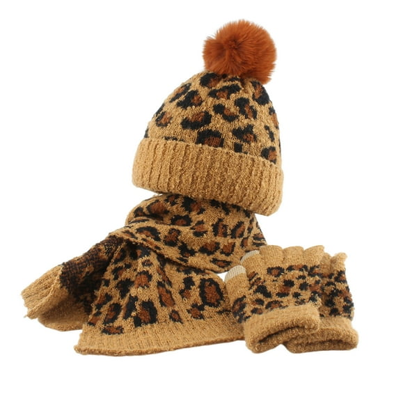 EHRWE 3Pcs Kids Winter Beanie Hat Scarf Gloves Set Kids Toddler Baby Leopard Print Unisex Autumn Winter Fashion