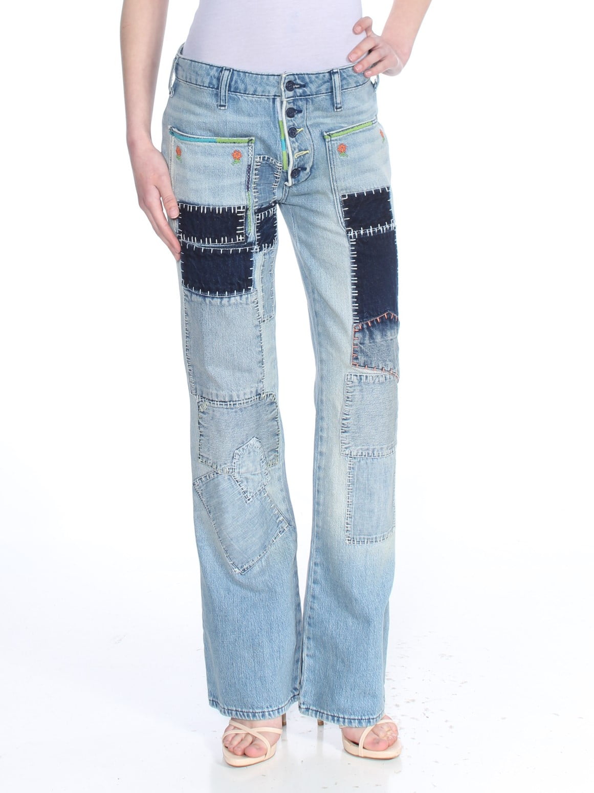 Free People - FREE PEOPLE Womens Blue Patchwork Straight leg Jeans Size ...