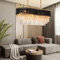 AFANQI 31.5" Modern Crystal Chandelier Adjustable LED Gold Black Ceiling Light Fixtures