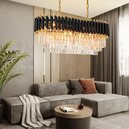 AFANQI 31.5" Modern Crystal Chandelier Adjustable LED Gold Black Ceiling Light Fixtures