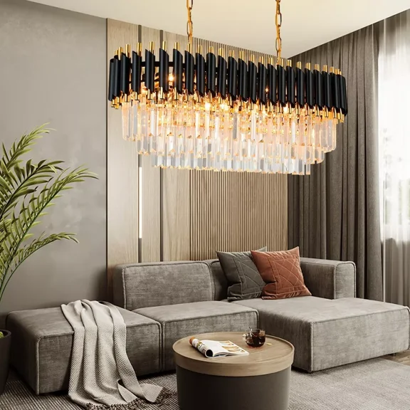 AFANQI 31.5" Modern Crystal Chandelier Adjustable LED Gold Black Ceiling Light Fixtures