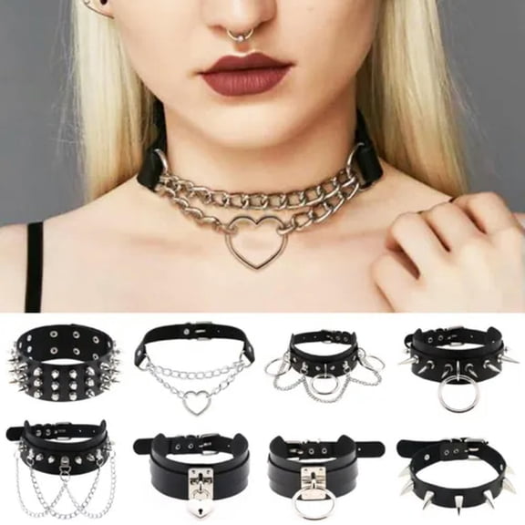 HOOUN Women Gothic Punk Rivet Collar Necklace Harajuku Choker PU Leather Spikes Studs-D