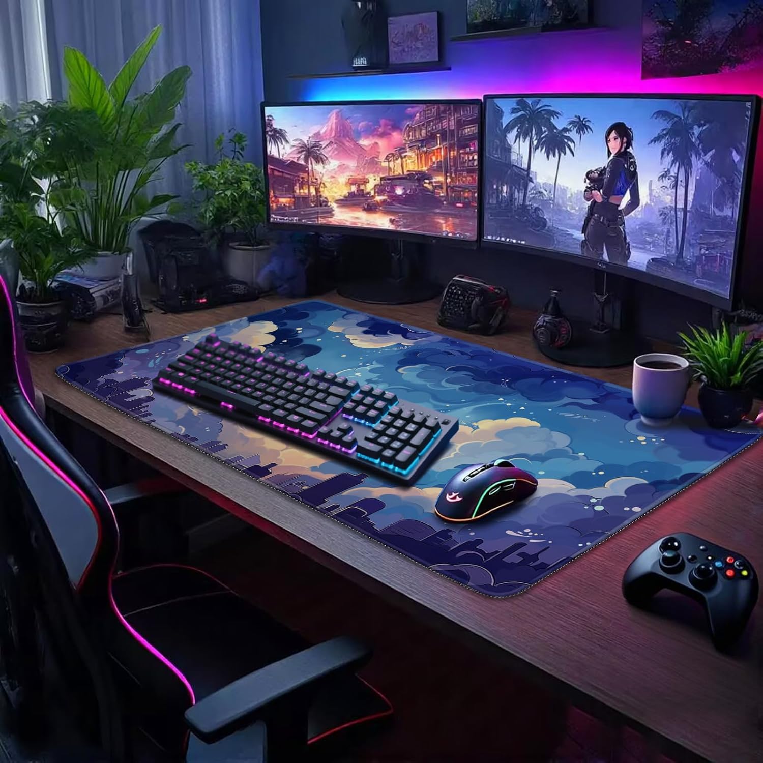 Blue Nebula Aesthetic Large Gaming Mouse Pad 31.5"x15.7"｜XXL Desk Mat, Non-Slip Rubber Base & Stitched Edges - Extended Waterproof Mousepad for PC/Laptop/Office/Home Decor