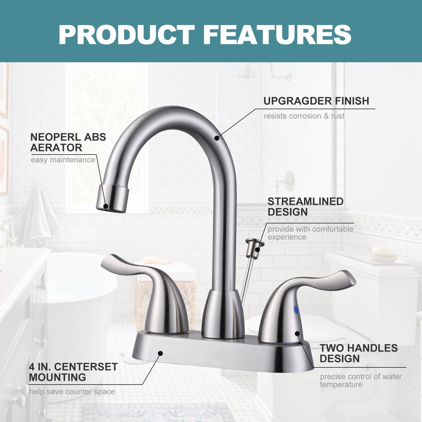 WOWOW 2 Handle Modern Bathroom Faucet Brushed Nickel, 4 Inch Centerset Bathroom Faucet with Drain Assembly and Supply Hoses, 3 Holes Faucet for Bathroom Sink