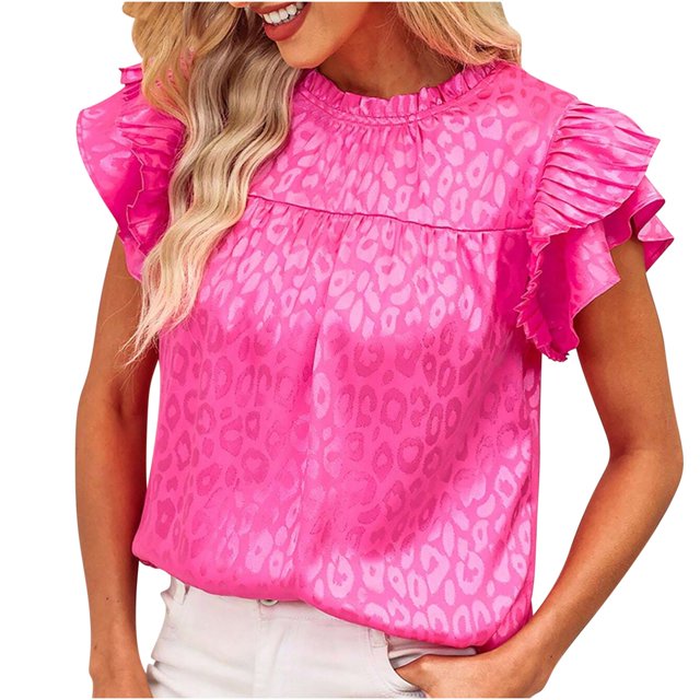 Hauts Tuniques à Manches Courtes à Imprimé Floral pour Femmes, Chemises à Col Rond Plissé, Blouses Décontractées Amples, T-Shirts d'Été Boho à Manches Courtes à Boutons, Col Rond Ample