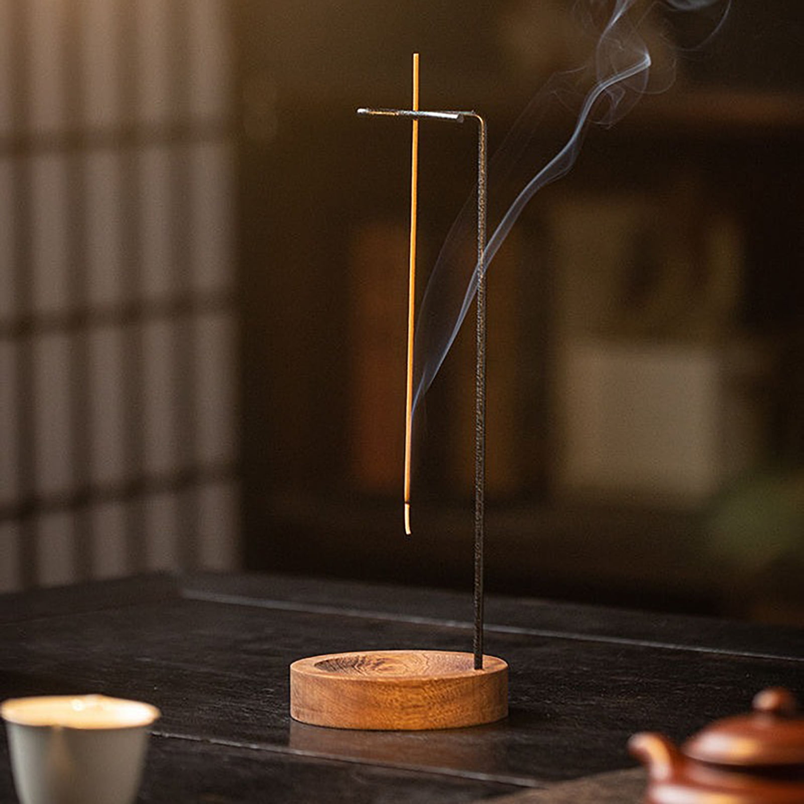 Xeyise Incense Stick Holder with Wooden Tray Brass Inverted