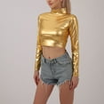 thumbnail image 7 of UYISJ Women's Shiny Metallic Liquid Crop Top Long Sleeve Mock Neck Turtleneck Slim Fitted Crop Top Clubwear Going out Shirts Gold S, 7 of 7