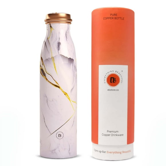 Pure Copper Water Bottle 1 Liter | Lightweight & Leakproof | White Gold Marble Design Seamless Shape - Bottle Made Of Tamba | Suitable Birthday Gift For Men & Women