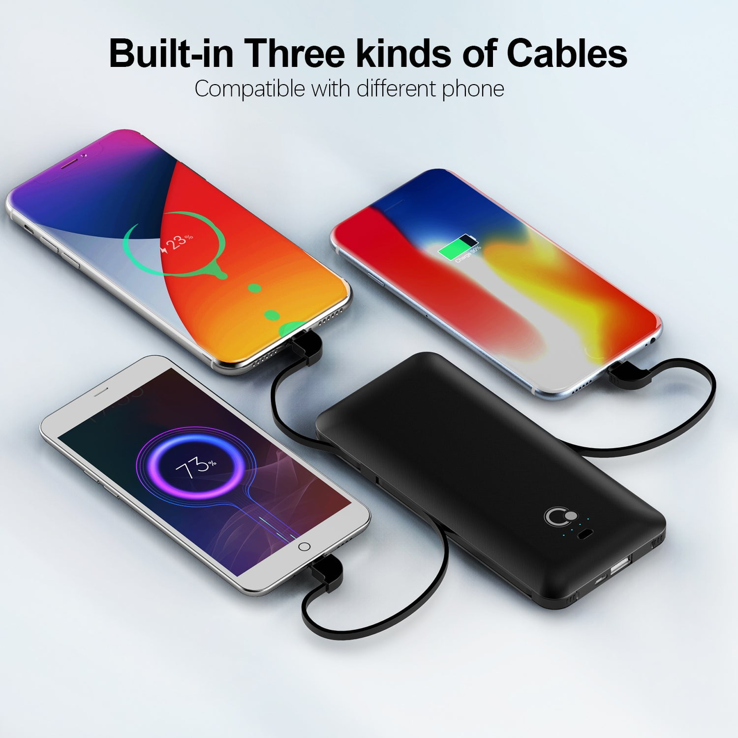 Q 10000mAh Power Bank,Slim Portable Charger,4 Output External Battery Pack with Built-in AC Wall Plug Micro USB C 3 Cables Compatible with iPhone Samsung Android Phone Tablet etc.
