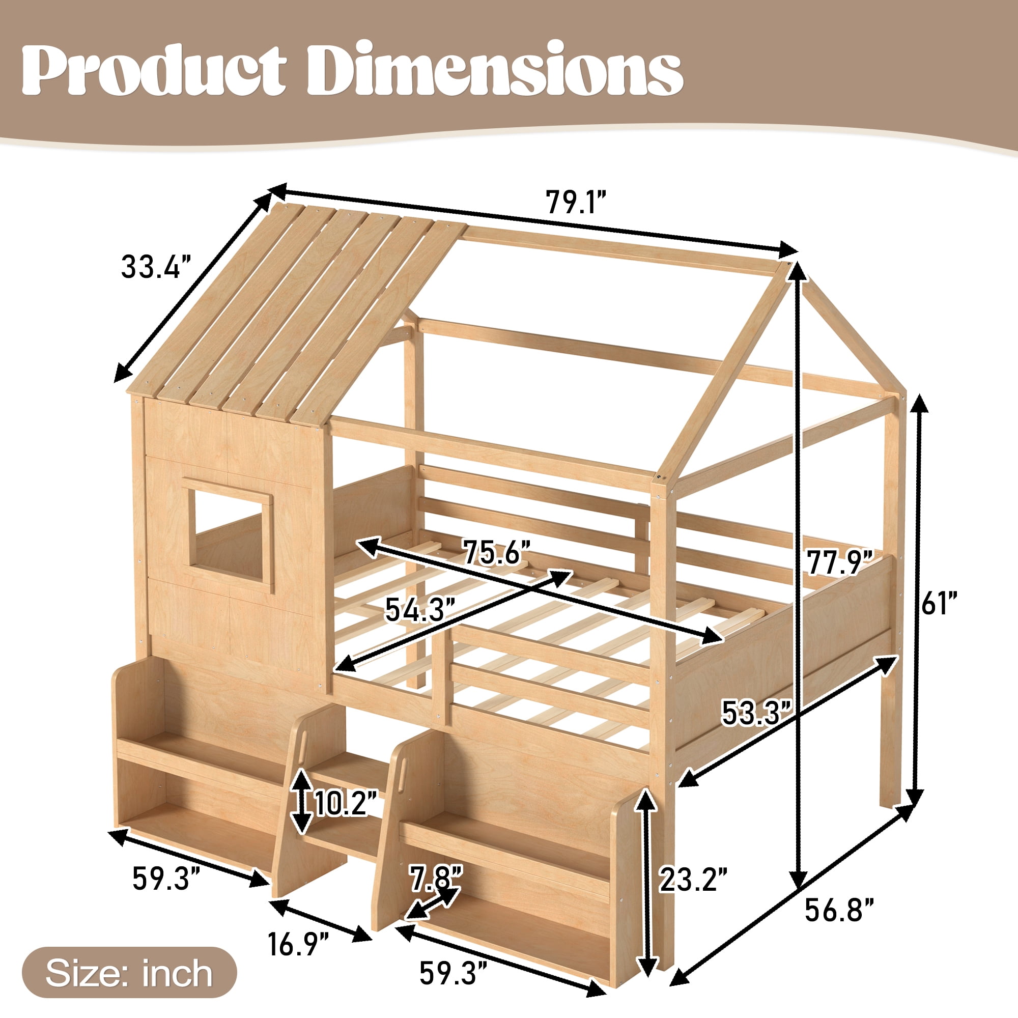 Leumius Full Size Loft Bed with Storage Shelves and Stairs, House Loft Bed with Playhouse Shape Roof and Window, Childlike and No Box Spring Needed Design, Natural