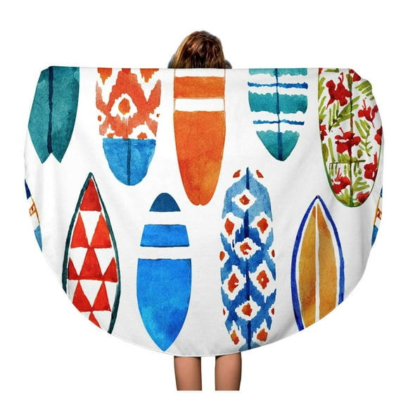 JSDART 60 inch Round Beach Towel Blanket Pattern Watercolor Surfboard Summer Beach in Wave Watercolour Aloha Travel Circle Circular Towels Mat Tapestry Beach Throw