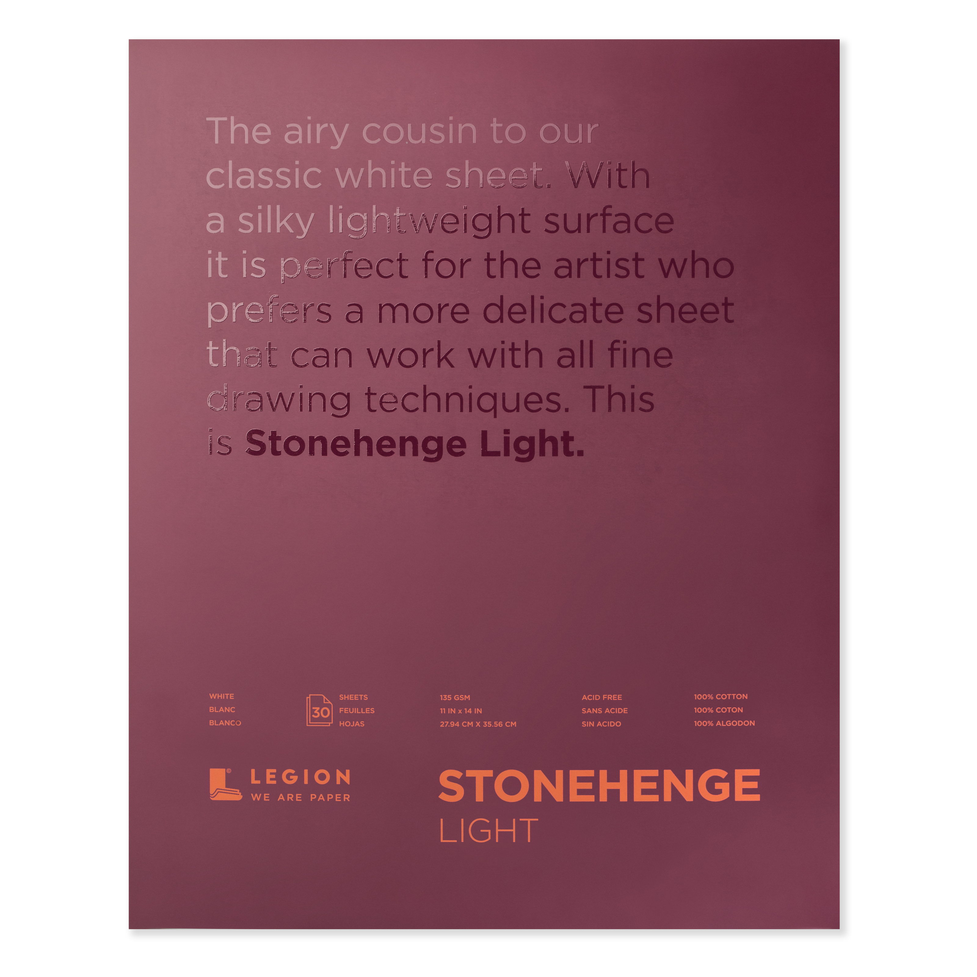 Legion Paper Stonehenge Light Paper Pad, 30 Sheets, 11" x 14"