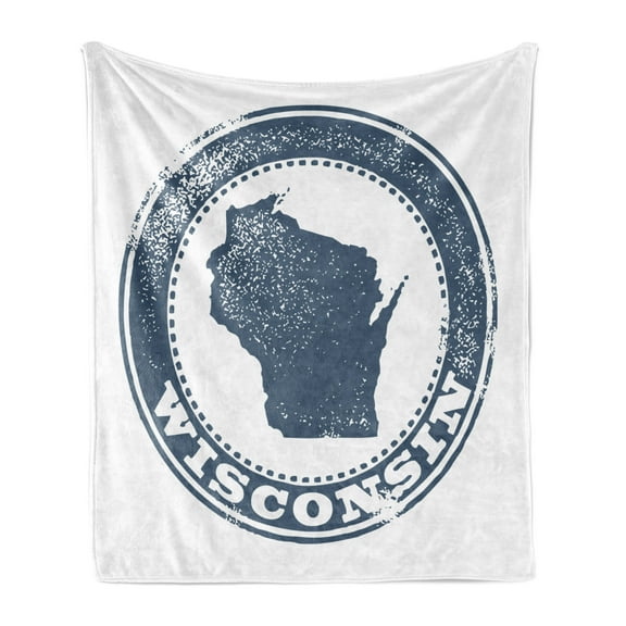 Wisconsin Soft Flannel Fleece Throw Blanket, Retro Grunge Stamp Design Political Map Silhouette and Name Badger State, Cozy Plush for Indoor and Outdoor Use, 50" x 60", Slate Blue White, by Ambesonne