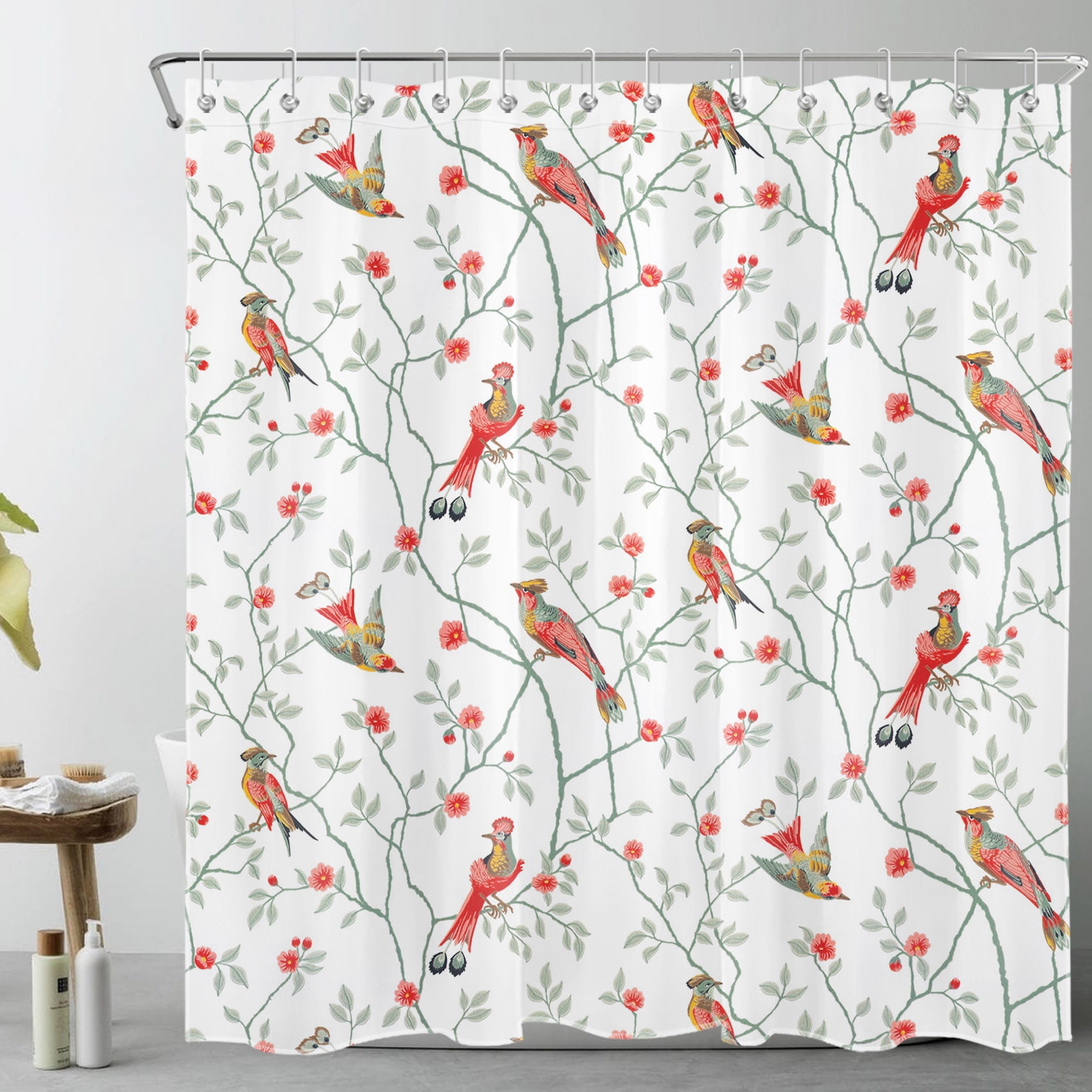 HVEST Red Bird Shower Curtain for Bathroom Cardinals and Country Floral
