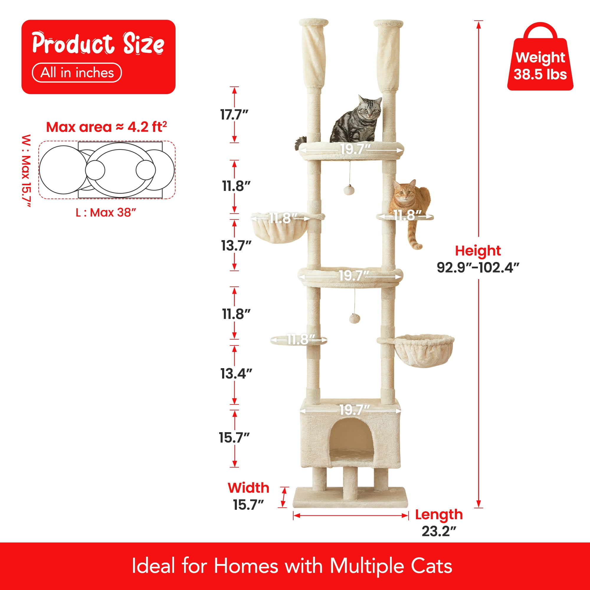 Furcato Cat Tree, Floor to Ceiling Cat Tower Adjustable Height [92.9-102.4 in=235-258cm], 7 Tiers Cat Climbing Play House, Beige