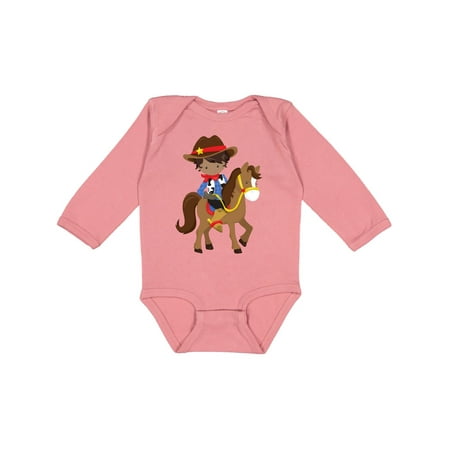 

Inktastic African American Boy Little Cowboy Brown Horse Gift Baby Boy Long Sleeve Bodysuit