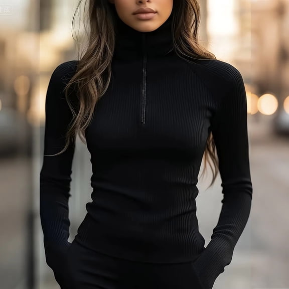 Womens Sweaters Quarter Zip Knit Long Sleeve Business Casual Pullover Tops 2025 Fall Fashion Work Outfits Black XL