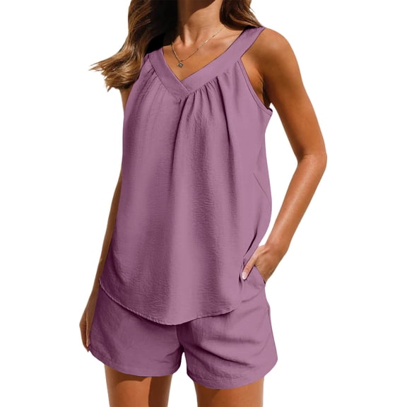 Cagogo Women's 2 Piece Shorts Set Casual Summer Cruise Outfits Loose V Neck Sleeveless Tank Tops Comfy Solid Pants Matching Lounge Sets Airport Travel Clothes, Purple M