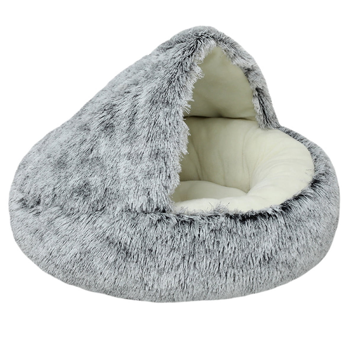 Taiwo Calming Dog Beds Cat Cave Bed With Hooded Cover For Small Pets anti Slip Faux Fur Fluffy Bed Outer Diameter 40cm Gray