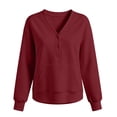 thumbnail image 3 of Smsaxvxz Sweatshirt for Women Casual Solid Henley V-Neck Long Sleeve Pullover with Kangaroo Pocket Wine 2XL, 3 of 9