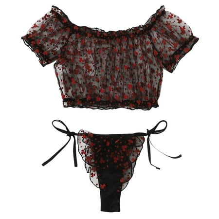 YOTMKGDO Valentines Day Lingerie  Embroidery Bustier Rose Thong Lace Lingerie Bralette Bra Flowers (Black  XL)