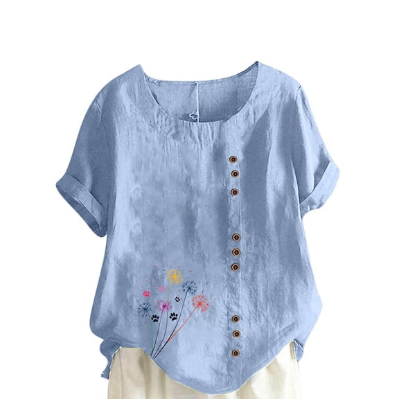 STETMN Oversized Short Sleeve Tops for Women Foral Print Crewneck Tee Loose Button Trim Casual T-Shirt