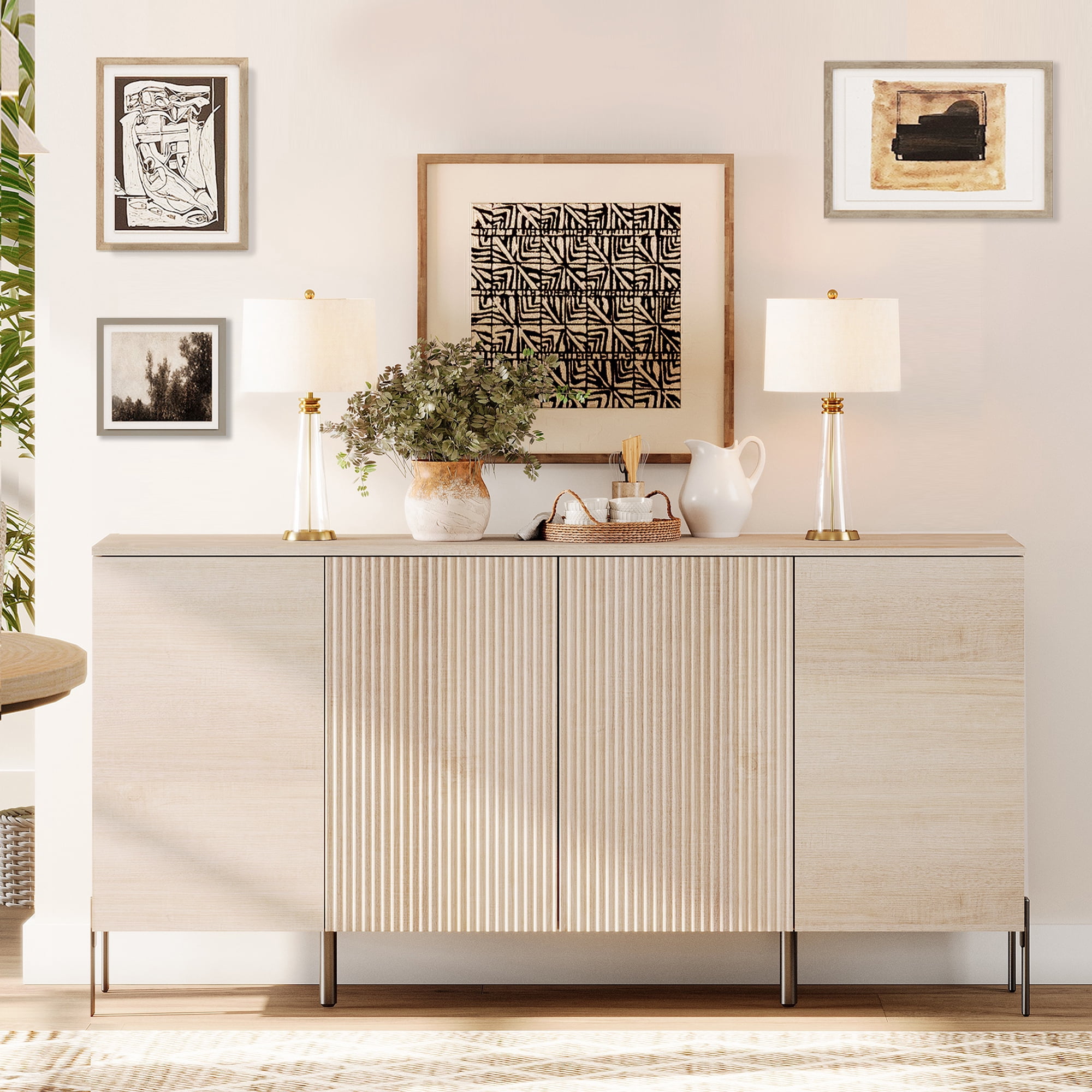 61" Minimalist 4-Door Sideboard With Rectangular Geometric Design And Double Chopstick Leg Base