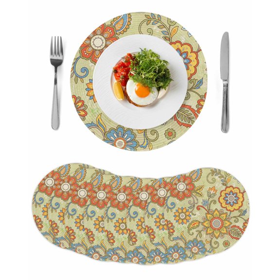Gray Green Boho Floral Round 13 Inch Placemats Set of 8, Vintage Abstract Art Ethnic Flowers HeatResistant Non Slip Place Mats for Dining Table, Wipeable Braided Kitchen Table Mats for Housewarming
