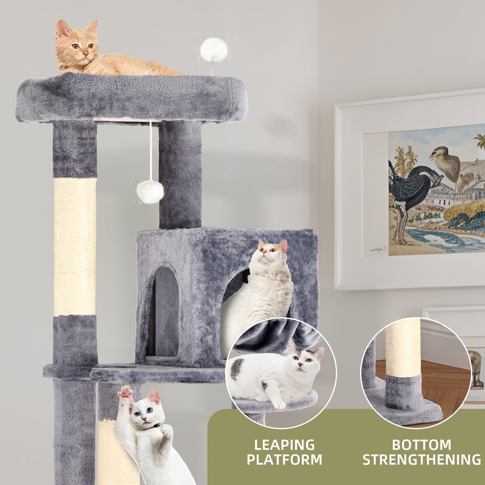 Uforic 70" Cat Tree Condo Multi-Level Tower with  Scratching Posts &Cozy Basket for Indoor  Cats, Light Gray