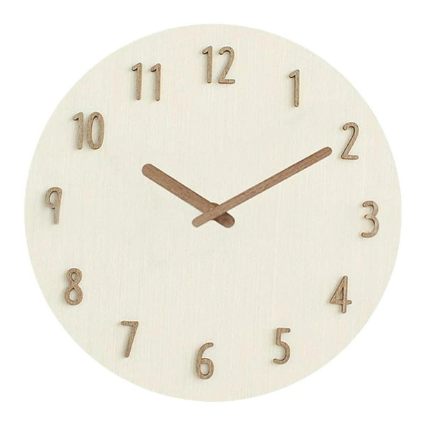 Reloj colgante redondo de movimiento silencioso con números de madera 3D, reloj de pared para Blanco