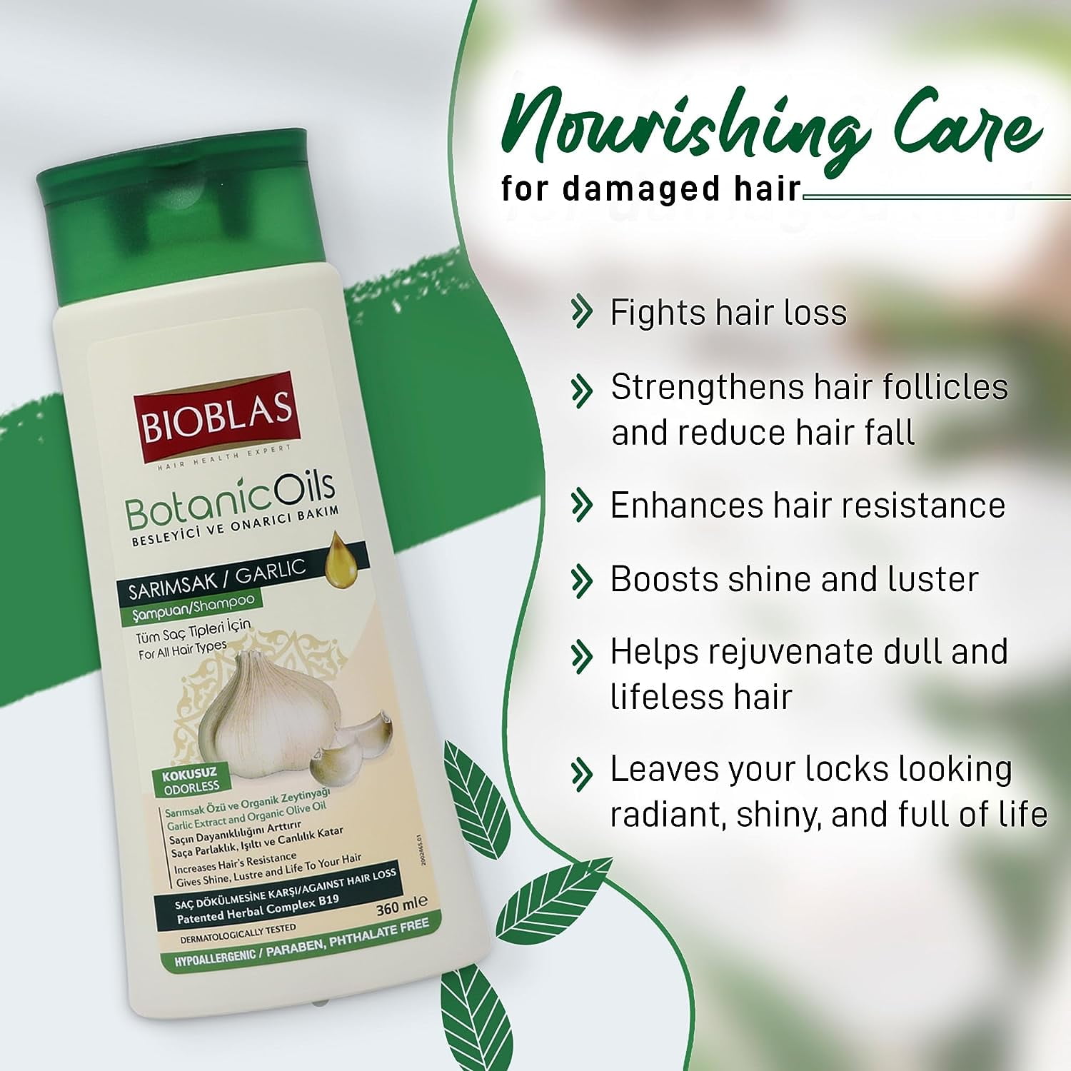 Bioblas Garlic Hair Loss Shampoo for Men and Women with Organic Oil, Unscented, Halal, All Hair Types, 13 oz - 2 Pack