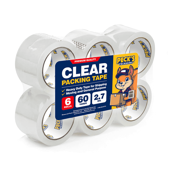 Peck's Packaging Clear Packing Tape, Heavy Duty 2.7 Mil, 1.88 in x 60 yd Rolls, 6‑Pack, For Packing and Moving
