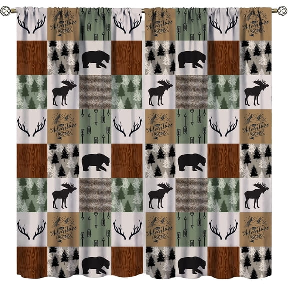 Rustic Winter Animal Print Blackout Curtains, Brown, Green, 84"W x 84"L, 2 Count, Bedroom, Living Room, Kitchen, Bathroom, Nursery