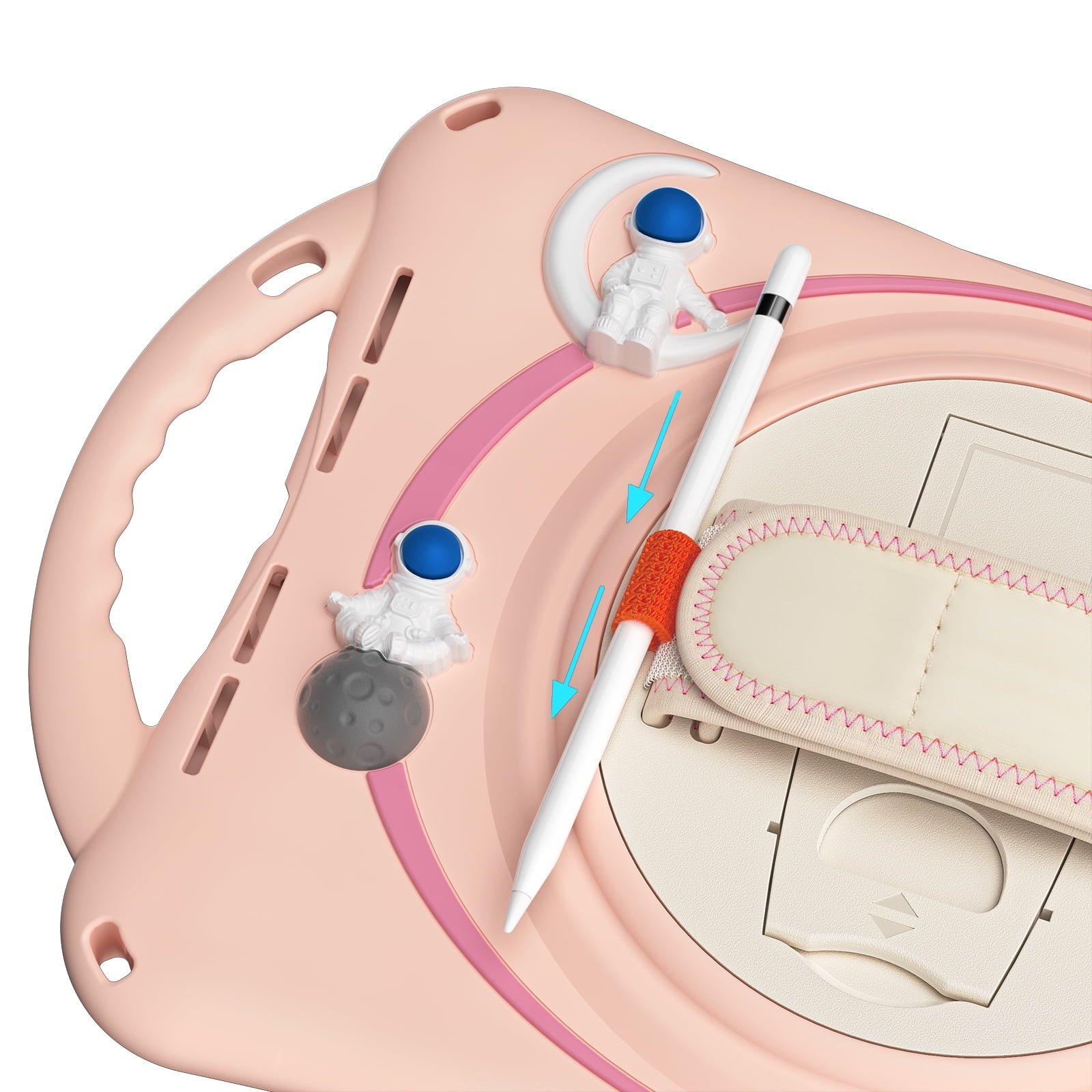 ELEHOLD for iPad 6th/5th Generation 9.7 inch Kids Case, Heavy Duty Pencil Cap Holder Kickstand 360° Rotating Hand Strap Carrying Shoulder Strap Shockproof Child-Proof Rugged Case, Pink