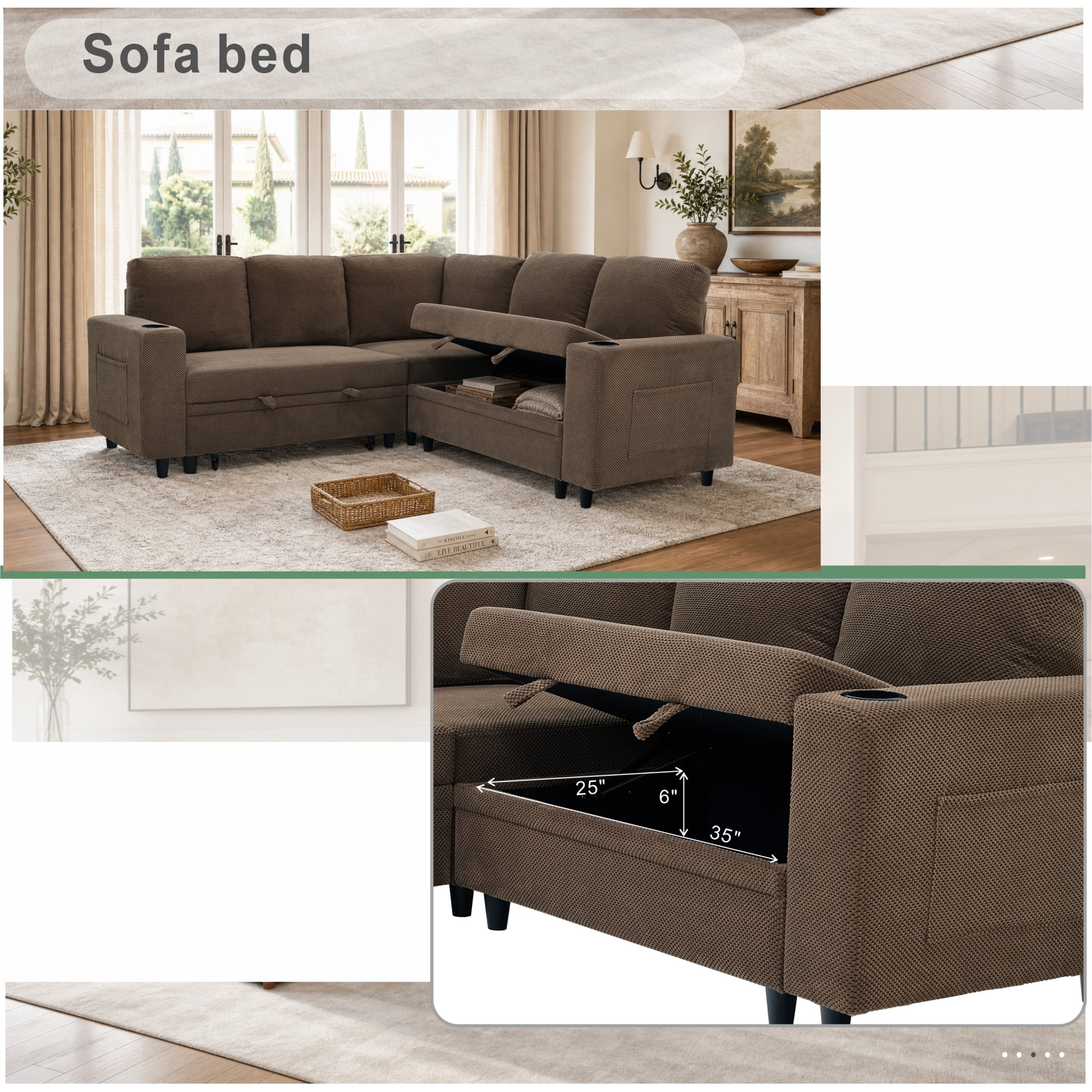 Leumius 76.5" Sectional Sleeper Sofa with Pull Out Bed,Storage Seat & Cup Holders,L-Shape Modern Upholstered Sofa Couch Convertible Corner Couch for Living Room,