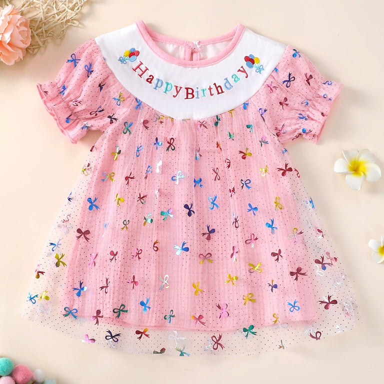 vigerkar Baby Girls Tutu Dress Summer Sparkly Bow Letter Short Sleeve A-line Tulle Princess Birthday Party Dresses Sundress (Pink, 3-4 Years)