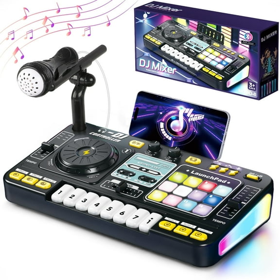 Hot Bee DJ Mixer for Kids with Microphone&Bluetooth, Light up DJ turntable with 12 MIDI, DJ Mixing Controller for Beginners, Musical Instruments Toys Birthday Christmas Gift for Boys&Girls 5 6 7 