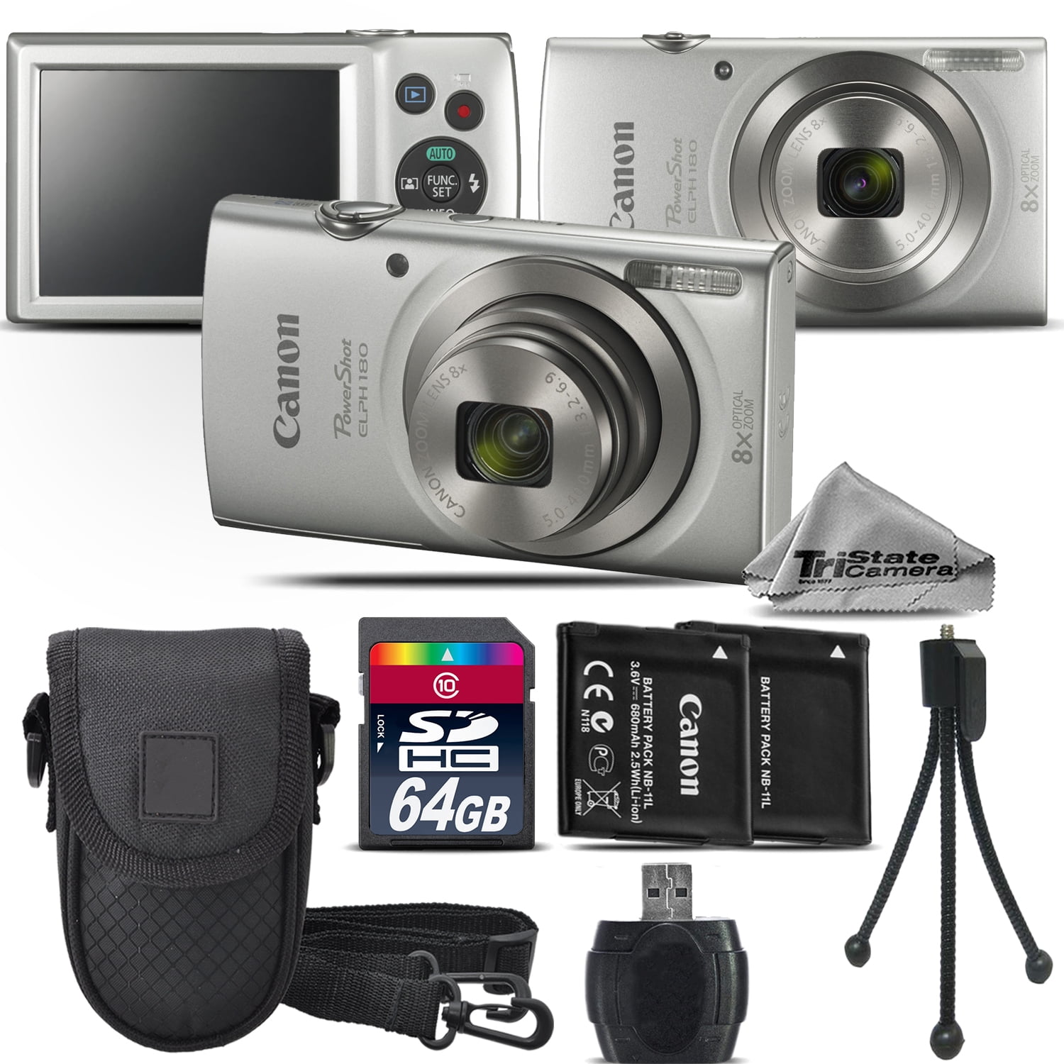 Canon PowerShot ELPH 180 Digital Camera Silver 8x Optical Zoom - 64GB Kit Bundle
