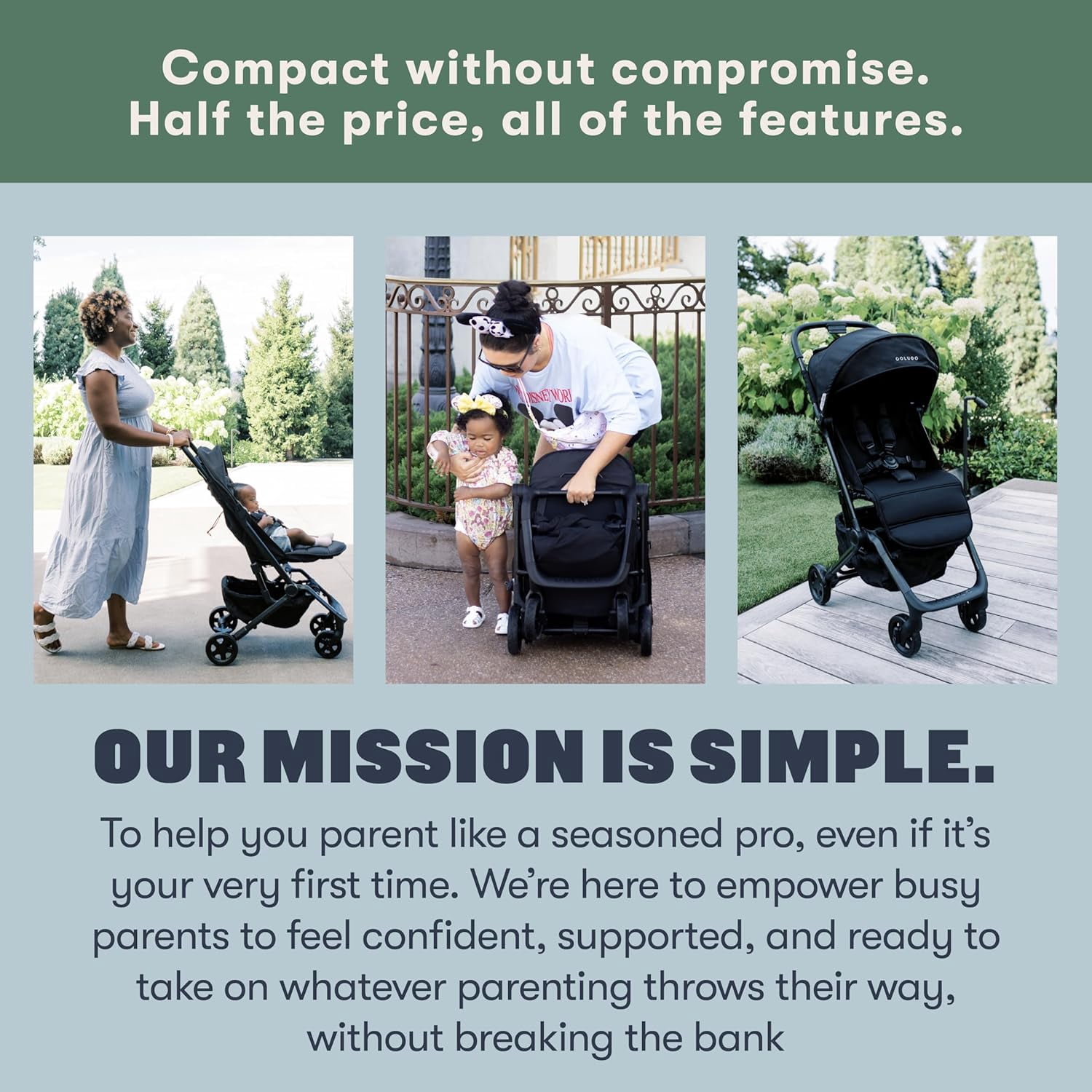 Colugo Compact+ Baby Stroller with Cupholder, Rain Cover, and Backpack