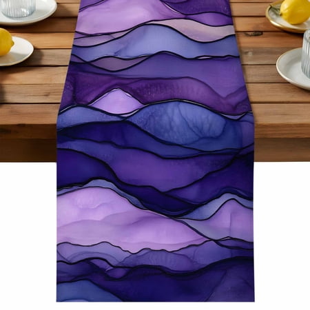 Abstract Ombre Purple Wave Table Runner Purple Stripes Cotton Linen Table Cloth Tablerunner for Kitchen Dining Party Wedding Home Decor 13x90 Inch