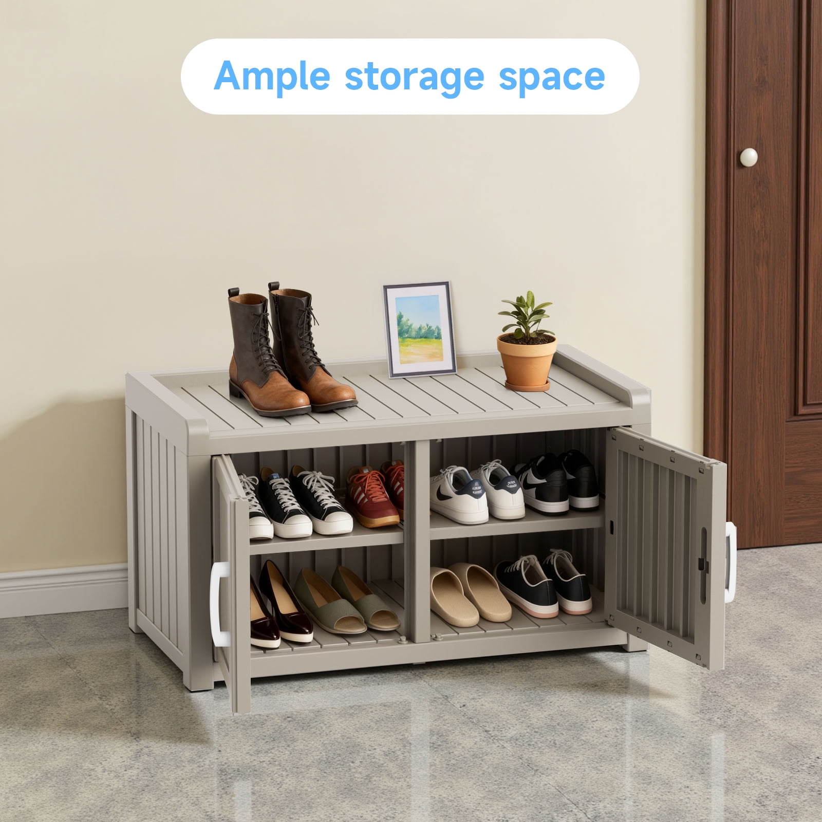 MAYEERTY Two-Door Mini Entry Shoe Storage Cabinet, Weatherproof Shoe Organizer with Removable Layers