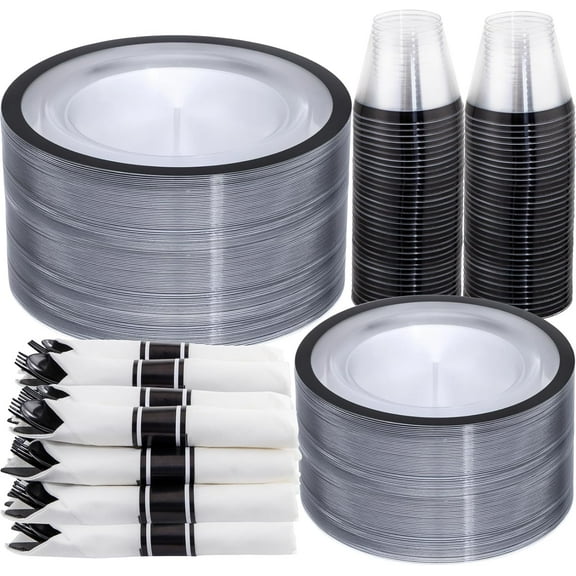 350 Pcs Clear and Black Plastic Plates,Black Dinnerware Set, Include 50 Dinner and 50 Dessert Plates,50 Plastic Cups,50 Per Rolled Napkins with Cutlery for Party,Wedding,Halloween