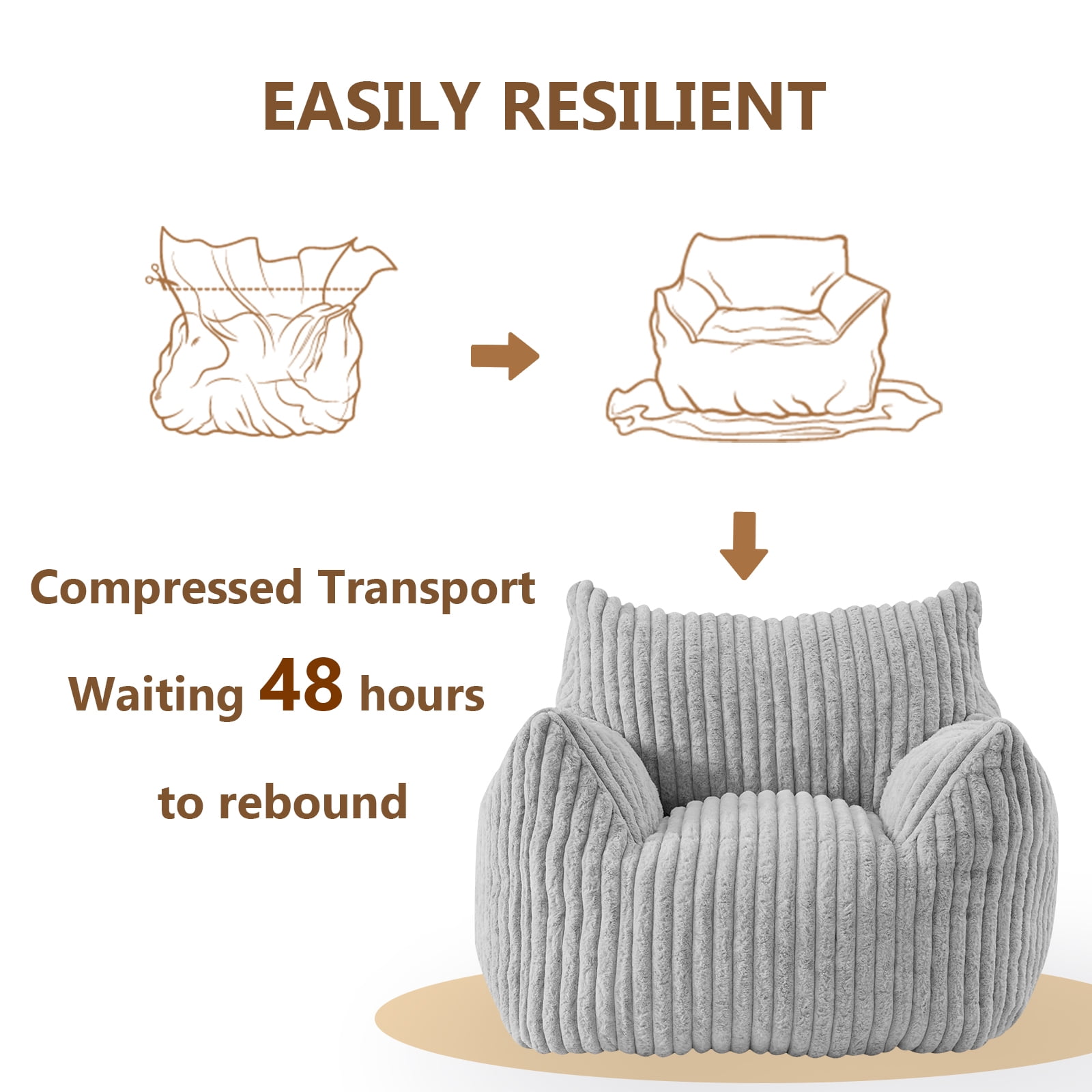 Ebenchico 3ft Bean Bag Chair for Adults Teens Kids with Armrests, Striped Fuzzy BeanBag Chairs with Filling, Light Gray