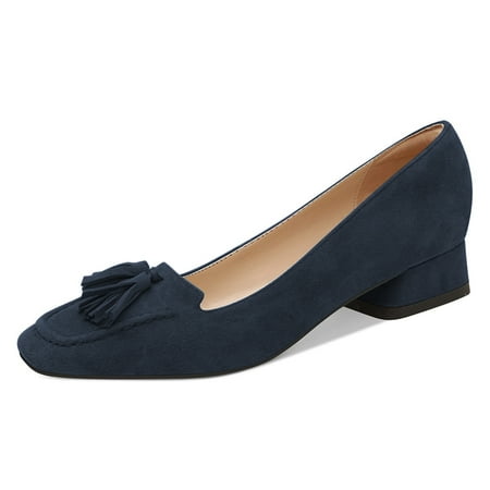 YDN Women Fashion Block Low Heel Loafers Slip On Square Toe Tassel Fringed Pumps Dressy Party Office Daily Shoes Size 4 Deep Blue
