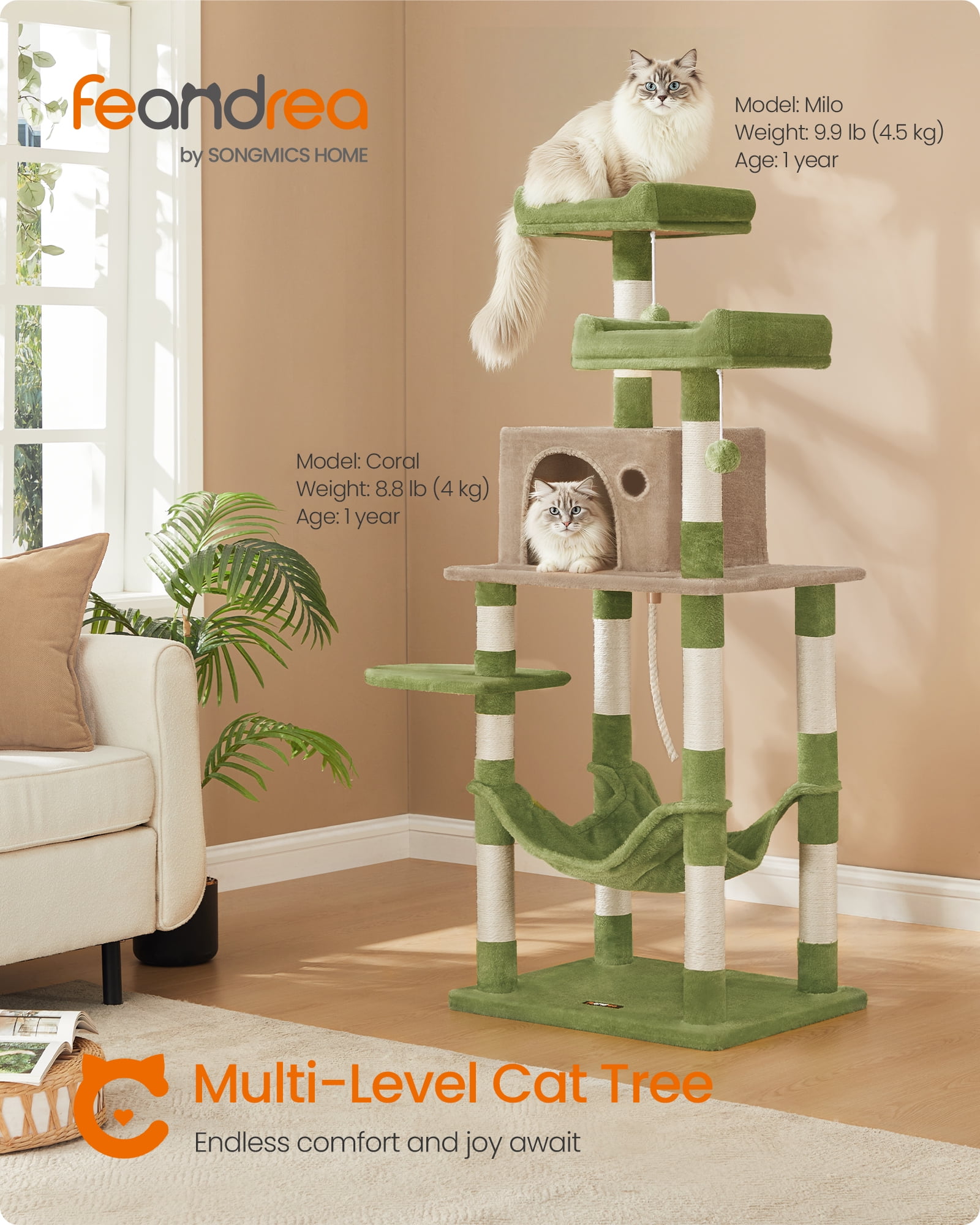 Feandrea 56.3-Inch Multi-Level Cat Tree with 11 Scratching Posts, 2 Perches, Cave, and Hammock for Multiple Cats, Grass Green and Brown