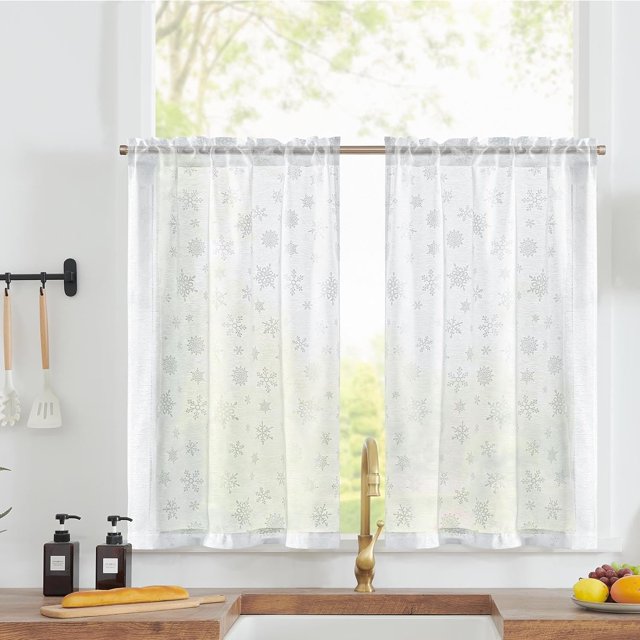 EcoNesxp White Tulle Curtains Snowflake Kitchen Curtains Snow Layer Curtains 24 Inch Winter Cafe Curtains Modern Small Curtain Rod Pocket Tulle for Bedroom Bathroom RV Light Filter 2 Pieces